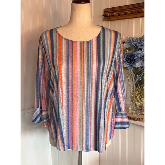 Ruby Rd. Multicolored Striped Bell Sleeve Top - Picture 1 of 10